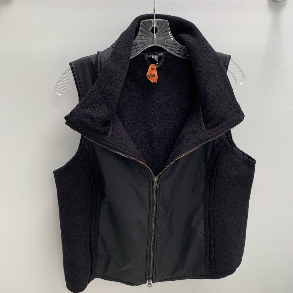 Eileen Fisher Boiled Wool Stand Collar Vest Blk M